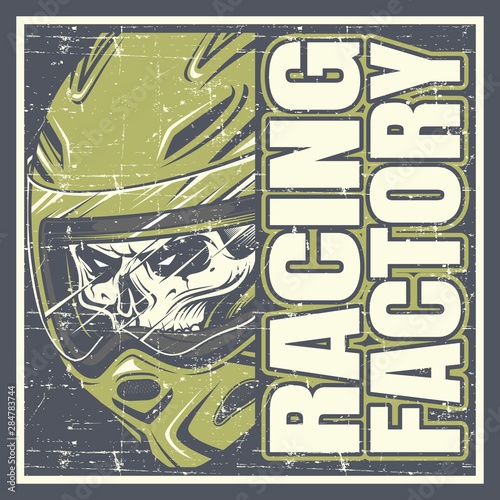 skull wearing helmet and text racing factory hand drawing vector