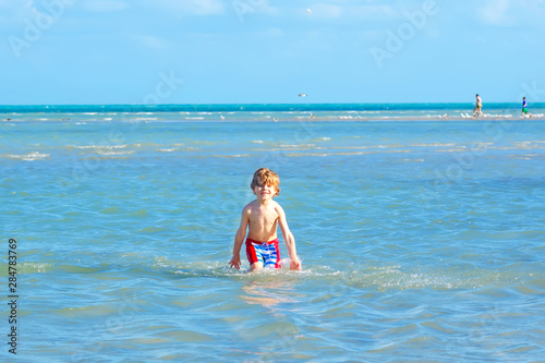 Active little kid boy having fun on Miami beach, Key Biscayne. Happy cute child running near ocean on warm sunny day. Healthy kid in swim trousers hunting seagull birds