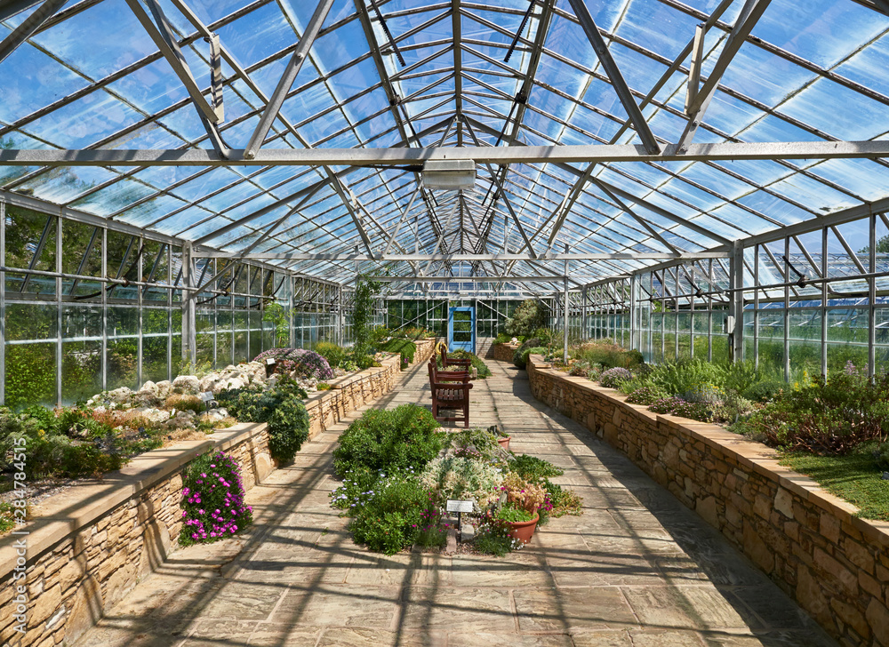 Fototapeta premium Looking through the Succulent and Cactus Greenhouse at the St Andrews Botanic Gardens in Fife, Scotland.