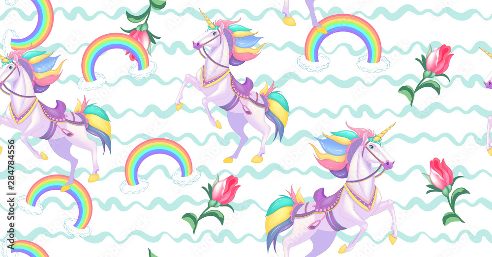 Cute white unicorns with rainbow hair on light blue stripes seamless vector pattern background illustration