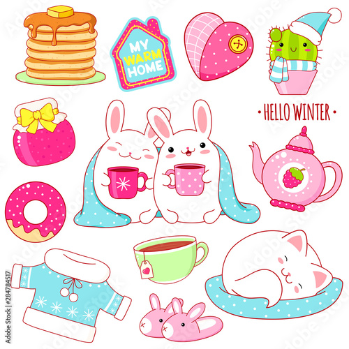Set of cute winter stickers in kawaii style