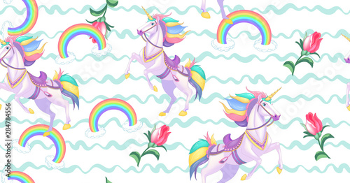 Cute white unicorns with rainbow hair on light blue stripes seamless vector pattern background illustration