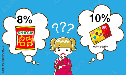 消費税の軽減税率に疑問を抱く幼い女の子　お菓子と玩具付きお菓子　線画