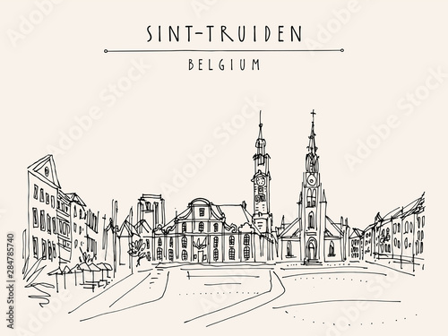 Sint-Truiden Main Square, Belgium, Europe. Travel sketch. Hand drawing. Vintage hand drawn touristic Belgium postcard, poster, booklet background. Artistic vector illustration