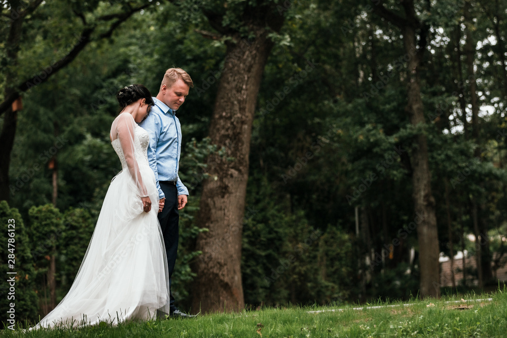 Beautiful bride and groom hugging and kissing on their wedding day outdoors. Concept wedding, new family.