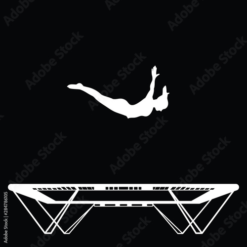A person is doing front drop on a trampoline, black and white vector