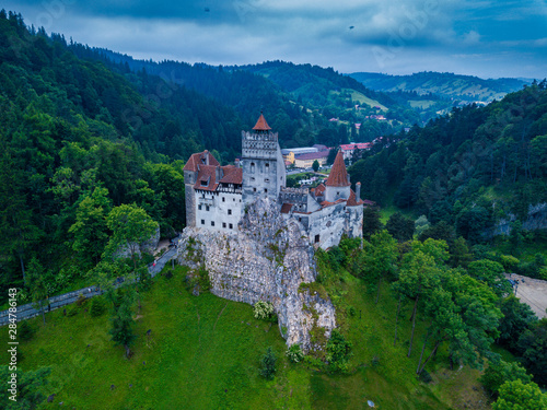 Aerial panorama view of the medieval Bran Castle  known for the myth of Dracula   Dracula Castle in Brasov  Transylvania. Romania.