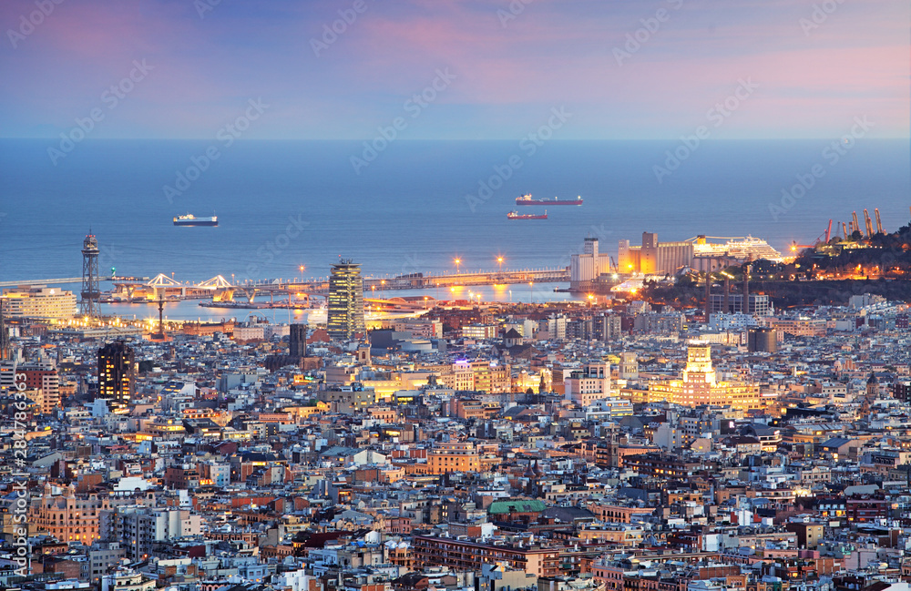 Barcelona and port at night