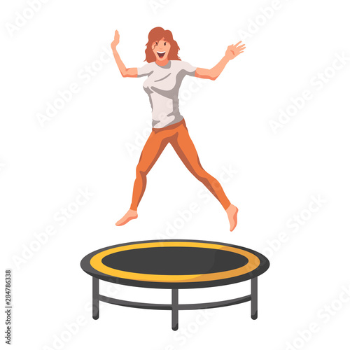 A woman in orange pants is jumping on a trampoline
