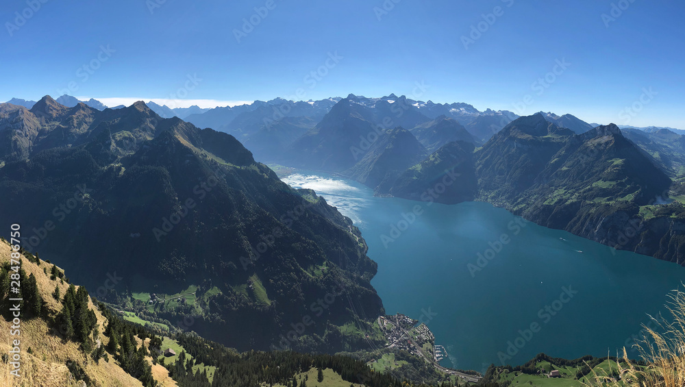 View of mountains and Lake Lucerne from Stoos Ridge Trail, Swiss Alps, Switzerland, Europe