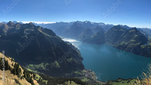 View of mountains and Lake Lucerne from Stoos Ridge Trail, Swiss Alps, Switzerland, Europe