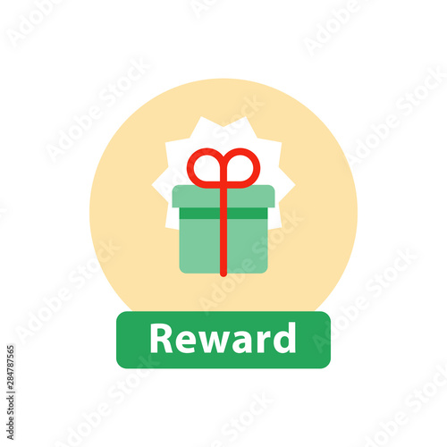 Loyalty reward, surprising gift box, super present, win prize, flat icon