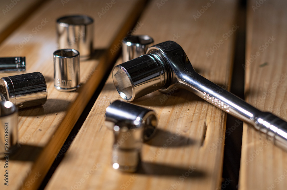 Socket Set Tools on a Wooden Workbench Socket Set Tools on a Wooden Workbench
