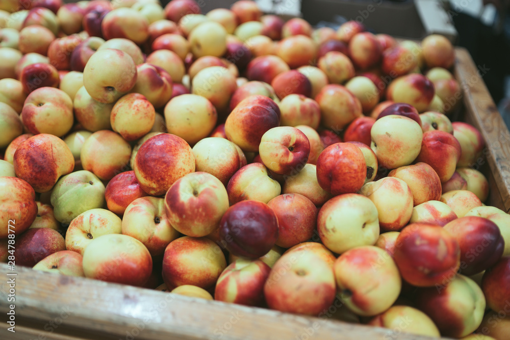 peach in wooden box. Fresh peach in wooden box peach in wooden box. Fresh peach in wooden box