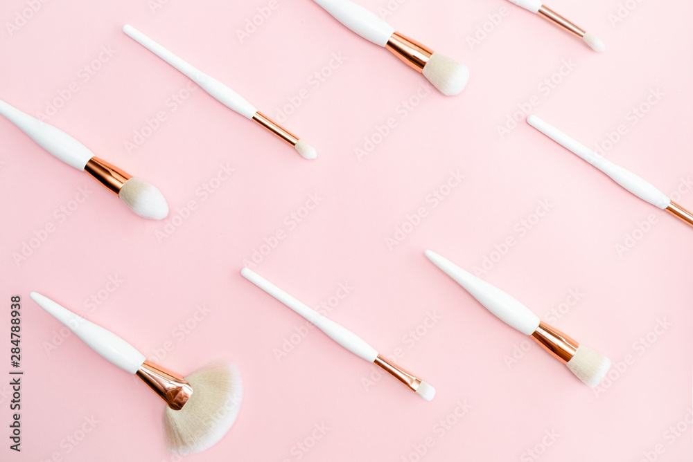 Makeup brushes on a pink background place free beauty. Horizontal copyspace open composition