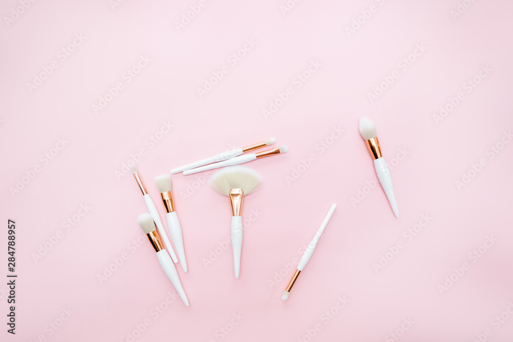 Makeup brushes on a pink background place free beauty. Horizontal copyspace open composition Makeup brushes on a pink background place free beauty. Horizontal copyspace open composition
