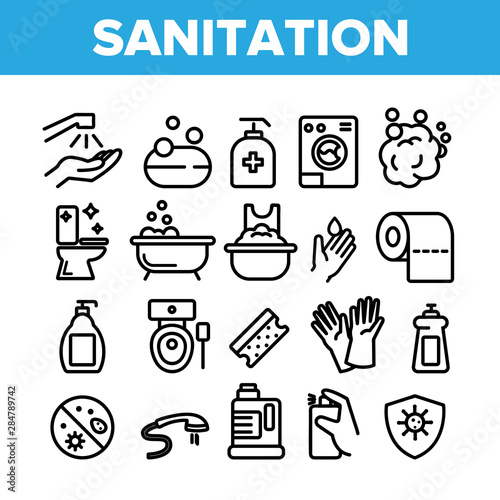 Collection Sanitation Elements Icons Set Vector Thin Line. Washing Hand And Clean, Soap Protection And Bacteria Hygiene And Sanitation Linear Pictograms. Monochrome Contour Illustrations