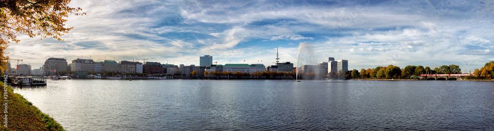 Panorama of the Inner Alster with the Alster Fountain in Hamburg, Germany.