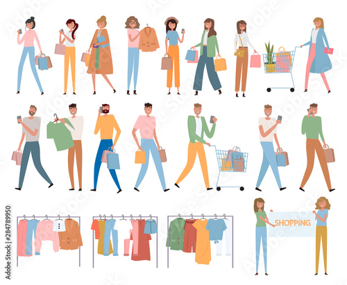 Set of active people shopping  talking on a  smartphone  shopping online. Editable vector illustration.