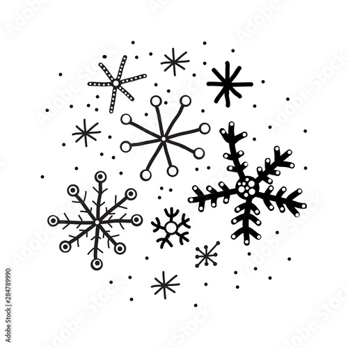 Christmas and new year winter icons. Different  patterned snowflakes  snow. Hand drawn monochrome set  black and white set. Happy  holiday  celebration. Isolated object