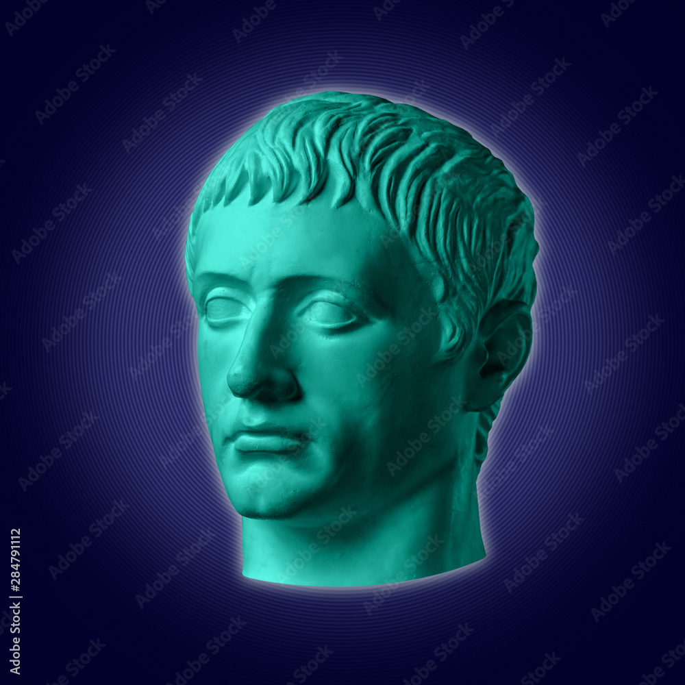 Obraz premium Modern conceptual art poster with ancient statue of bust of Germanicus. Collage of contemporary art.