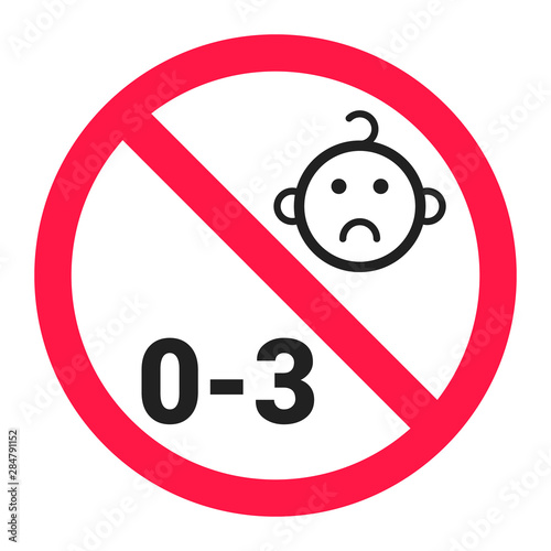 Not suitable for children under 3 years choking hazard forbidden sign sticker isolated on white background vector illustration.
