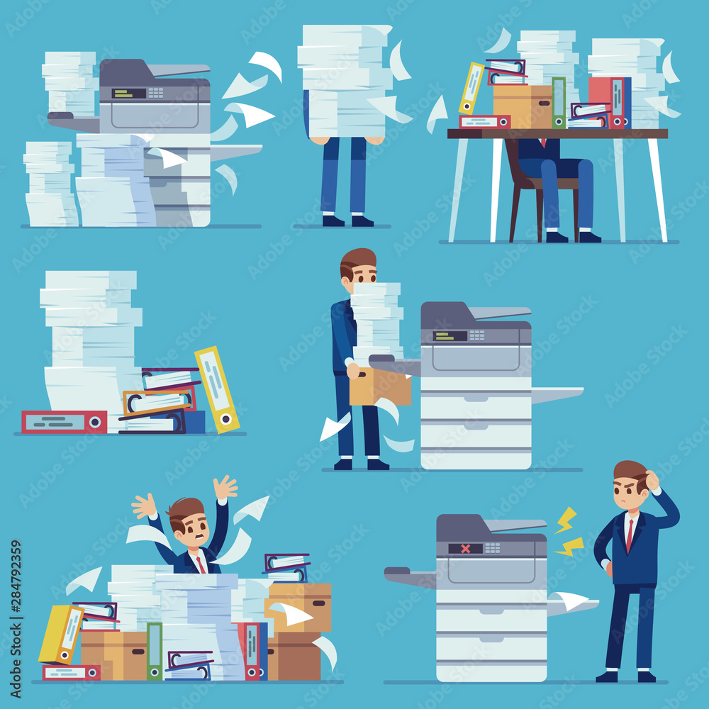 Office documents copier. Printer printing office papers, man with broken photocopier. Lot of paperwork and bureaucracy flat vector set