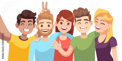 People group selfie. Guy takes group photo with smiling friends on smartphone in hands vector cartoon friendly characters