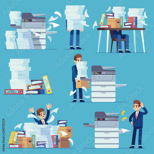 Office documents copier. Printer printing office papers, man with broken photocopier. Lot of paperwork and bureaucracy flat vector set
