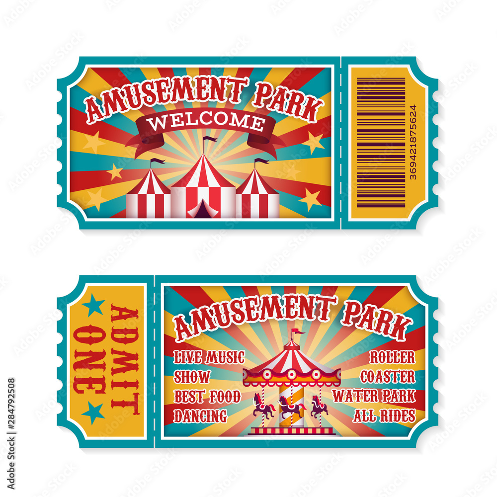 Amusement park ticket. Family park attractions admission tickets, fun
