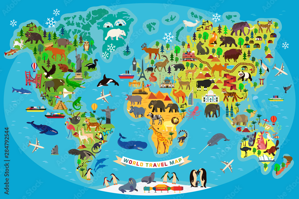 Fototapeta Animal Map of the World for Children and Kids. Vector.
