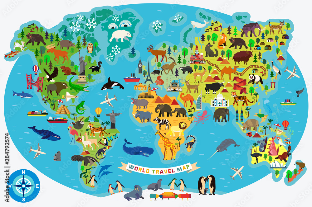 Animal Map of the World for Children and Kids. Vector. Stock Vector