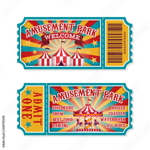 Amusement park ticket. Family park attractions admission tickets, fun festival vintage event receipt. Fair raffle coupons. Vector set