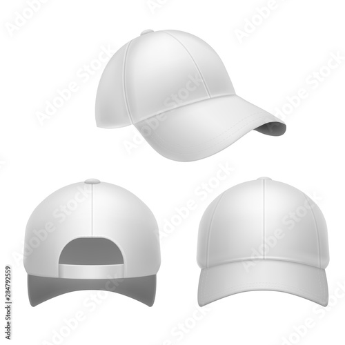 White baseball cap. 3d mockup hat, head caps back, front and side view. Corporate uniform clothes, realistic fashion vector template