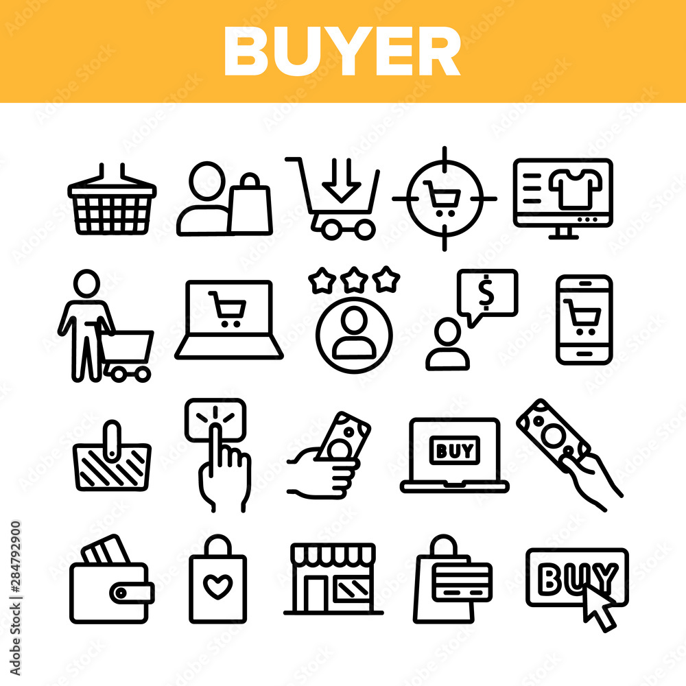 Collection Buyer Elements Signs Icons Set Vector Thin Line. Internet Supermarket On Smartphone And Computer Laptop Monitor And Buyer Shopping Basket Linear Pictograms. Monochrome Contour Illustrations Collection Buyer Elements Signs Icons Set Vector Thin Line. Internet Supermarket On Smartphone And Computer Laptop Monitor And Buyer Shopping Basket Linear Pictograms. Monochrome Contour Illustrations