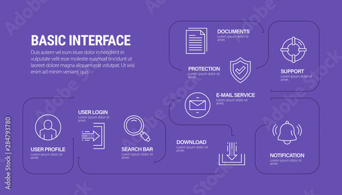 Basic Interface Vector Concept and Infographic Design Elements in Linear Style stock illustration, nine icons on blue background