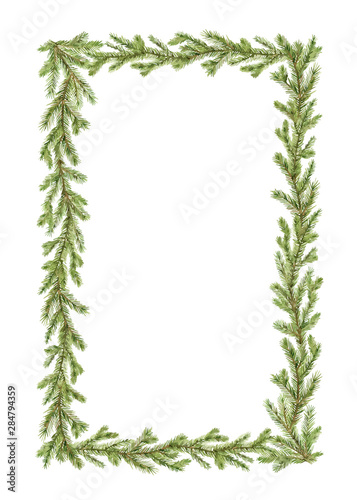 Watercolor vector Christmas frame with fir branches and place for text.
