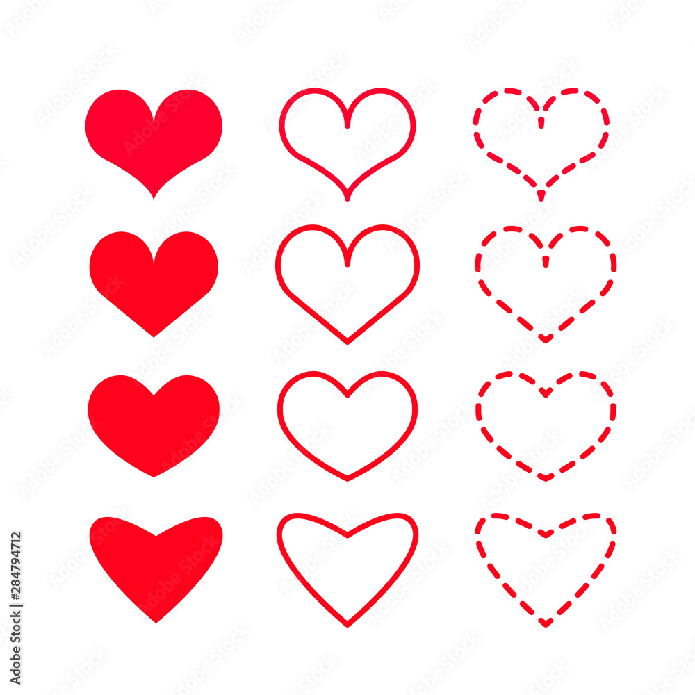 Set of vector red hearts on a white background. Element for design heart day, valentines day, wedding.