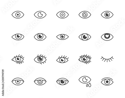 Eye flat line icons set. Tired eyes, vision, eyesight, makeup simple vector illustrations. Outline signs for visibility concept, optometrist clinic. Pixel perfect 64x64. Editable Strokes