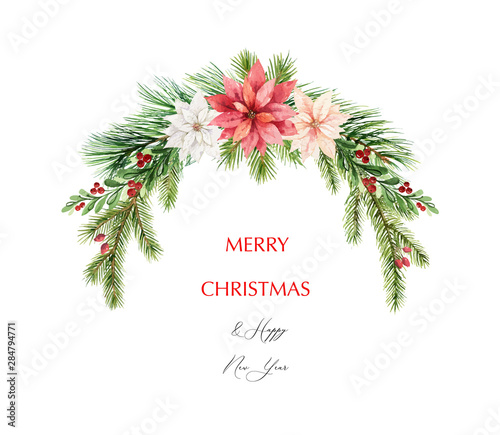 Watercolor vector Christmas wreath with fir branches and flowers of poinsettia.