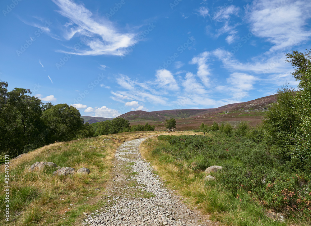 Looking up the Mt Keen Footpath towards Victoria's well in Glen Mark in the Angus Glens in Scotland, UK.