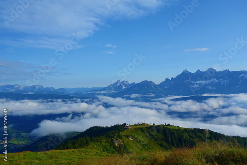 Aerial sunrise view from Rippetegg mountain to Dachstein mountain range in Styria, Alps, Austria