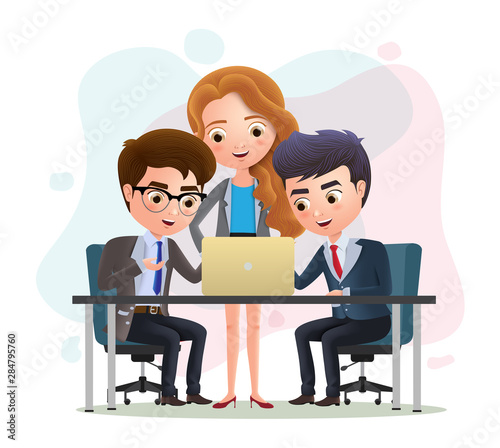 Business characters teamwork employees vector concept. Business character manager and employee meeting discussion in the office. Vector illustration.