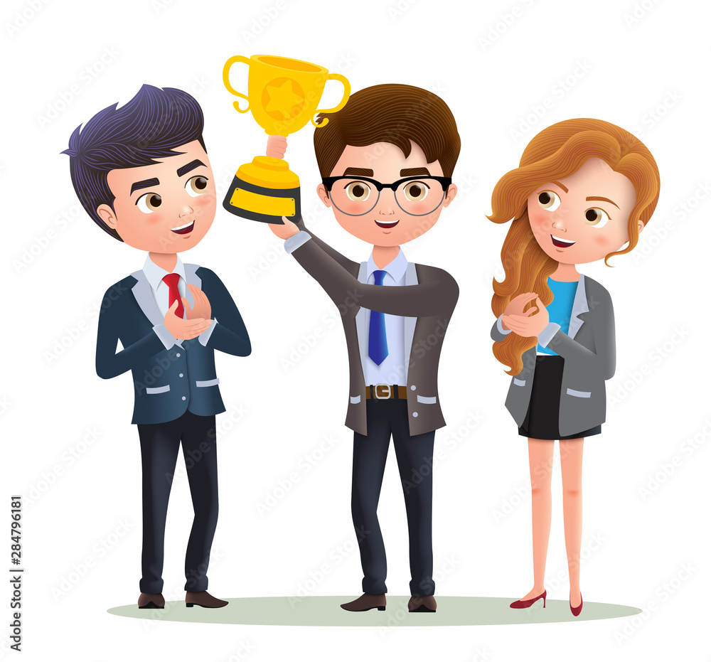 Business vector characters employee promotion. Male business character holding golden cup trophy for office work achievement and success. Vector illustration. Business vector characters employee promotion. Male business character holding golden cup trophy for office work achievement and success. Vector illustration.