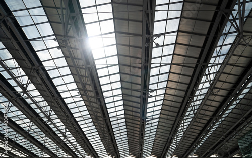 modern steel roof ,interior architecture of metal of airport or industrial factory .