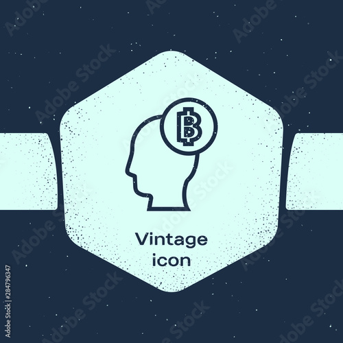 Grunge line Bitcoin think icon isolated on blue background. Cryptocurrency head. Blockchain technology, digital money market, cryptocoin wallet. Monochrome vintage drawing. Vector Illustration