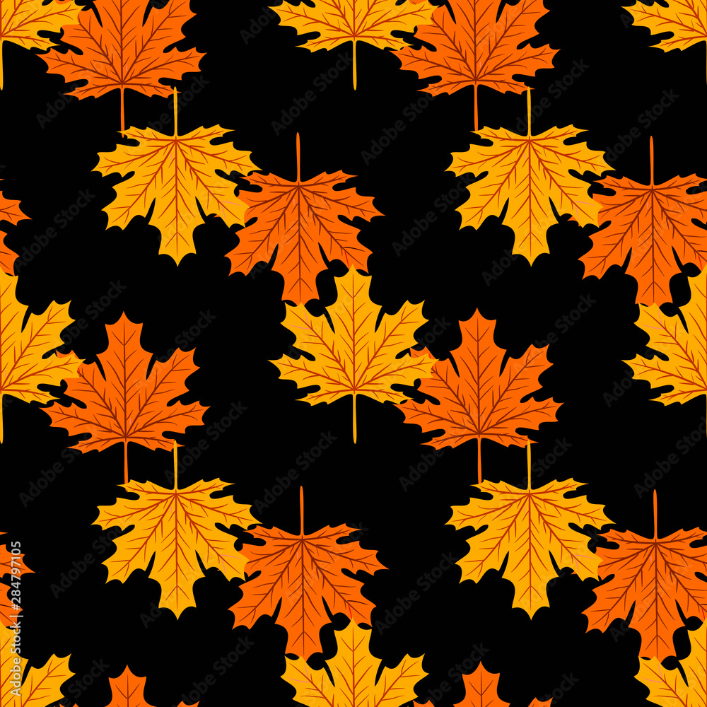 Beautiful Hand drawn Maple leaves mix with modern line in maple shape and autumn leaves element seamless pattern vector layer for fashion,fabric,and all prints on dark green
