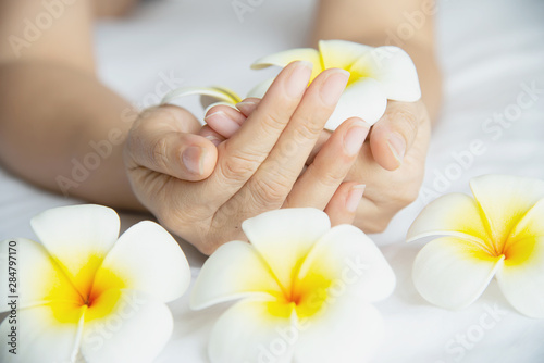 Lady hand holding beautiful white yellow plumeria flowers on white bed - people with spa flower peaceful mind concept