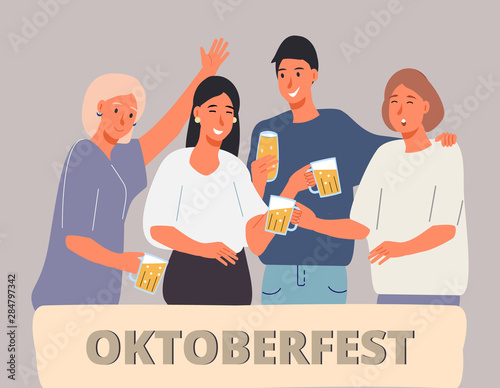 People drink beer in Oktoberfest party celebration. Friends have fun, they are happy to meet together
