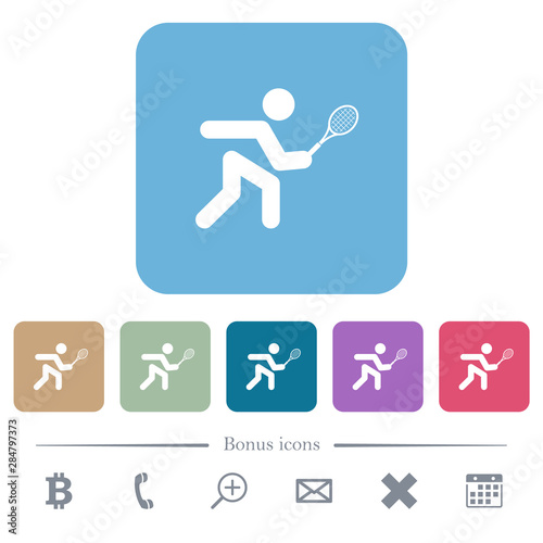 Tennis player flat icons on color rounded square backgrounds